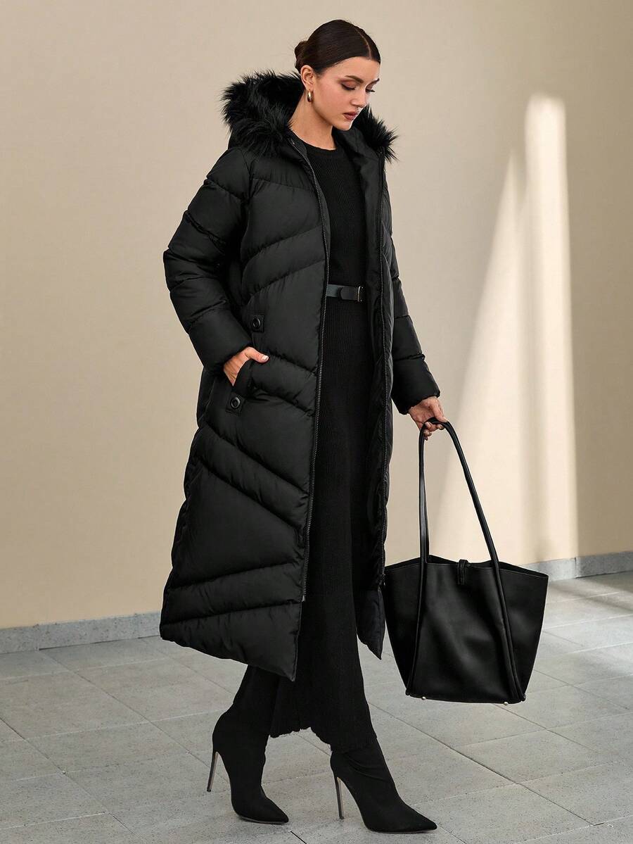 CLARA VERO Fashionable Elegant Solid Color Faux Fur Hooded Long Coat, Versatile For Winter Long Winter Coat Women Women's Winter Coats Everyday Going Out Black - Black - View 1
