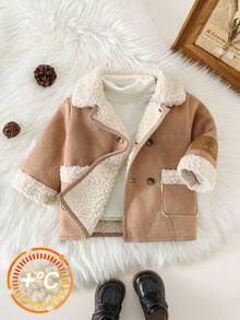 SHEIN Baby Boys Thermal Lined Thickened Soft Comfortable Casual Versatile Classic Lapel Long Sleeve Coat, Mid-Length Outerwear, Suitable For Indoor, Outdoor, Daily, Sports, Play, Party, Holidays, Back To School Streetwear, Autumn/Winter Fall