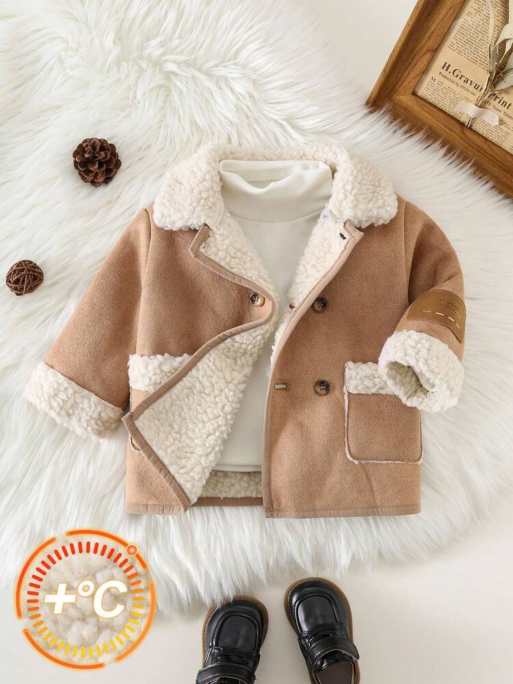 SHEIN Baby Boys Thermal Lined Thickened Soft Comfortable Casual Versatile Classic Lapel Long Sleeve Coat, Mid-Length Outerwear, Suitable For Indoor, Outdoor, Daily, Sports, Play, Party, Holidays, Back To School Streetwear, Autumn/Winter Fall - Khaki - View 5