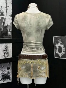 EgrlEra Women's Tie-Dye Base Punk Retro Print Rhinestone V-Neck Short Sleeve T-Shirt