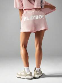 Missguided x Playboy 中长款棉质休闲家居服睡衣抽绳腰短裤舒适步行裤夏季节日沙滩装休闲日间装 - 粉色 - 查看 4