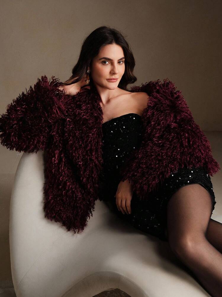 V-Neck Burgundy Fashionable Faux Wool Loose Short Women's Jacket, Suitable For Fall/Winter, Christmas, New Year, Party, Elegant, Luxury, Formal, Chic