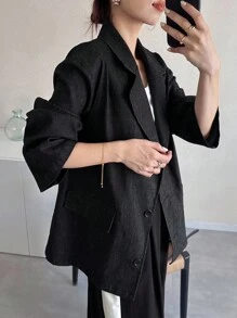 FRIFUL 女士宽松纯色牛仔效果翻领休闲西装外套，秋季商务着装