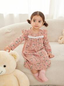 Baby Girl Vintage Floral Pattern Lace Trim Flounce Long Sleeve Cute Loose Casual Woven Home Nightdress - Pink - View 4