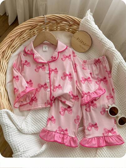 Baby Girls Sweet And Simple Bow Pattern Lapel Buttoned Ruffles Decoration Long Sleeves And Long Pants Comfortable Skin-Friendly Knitted Pajamas Set Two Pieces