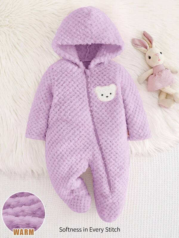 Cozy Pixies Newborn Baby Girl Cartoon Bear Hooded Thick Long Sleeve Jumpsuit Fall Winter