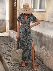 Brillora 女式编织豹纹腰部镂空短袖修身连衣裙 - 黑與白 - 查看 3