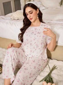 CottageSlumber Apricot Romantic Ditsy Floral Lace Trim Patchwork Plus Size Women Pajama Set