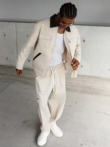 Manfinity EMRG 多口袋撞色缝线卡其色男士长袖夹克和裤子套装，秋季服装 - 卡其色 - 查看 7