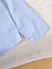 SHEIN Genkimix Kids 女童蓝色条纹长袖时尚秋冬衬衫搭配装饰松紧腰裙套装秋季