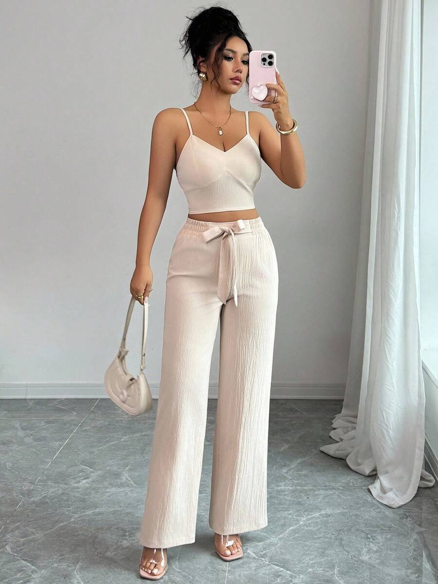 SHEIN PETITE 女款休閒純色高腰吊帶背心與寬腿褲套裝,小個女款度假白色亮片夏季 - 卡其色 - 查看 1