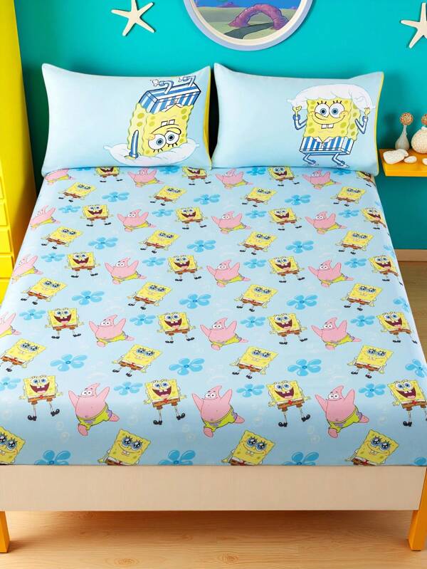 SpongeBob SquarePants | SHEIN طقم ملاءة سرير مطبوع بنمط كرتوني، متوفر بأحجام التوين/الكامل/الملكة/الملك، ناعم، قابل للتنفس، دافئ، قابل للغسل في الغسالة