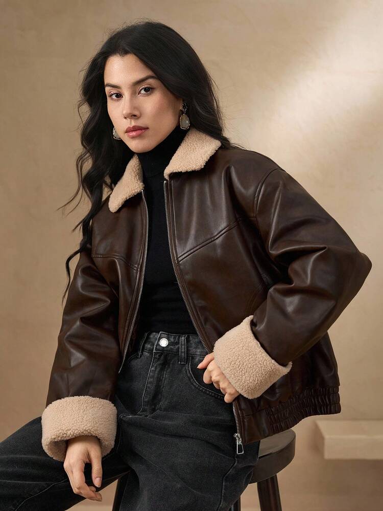 Casual Contrast Color Collar PU Women Padded Coat Jacket Winter Leather Jacket