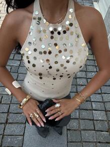 Siren Gaze 系带露背亮片针织上衣，亮片刺绣露背上衣，四季皆宜，Y2K 上衣，秋季女装 - 杏色 - 查看 6