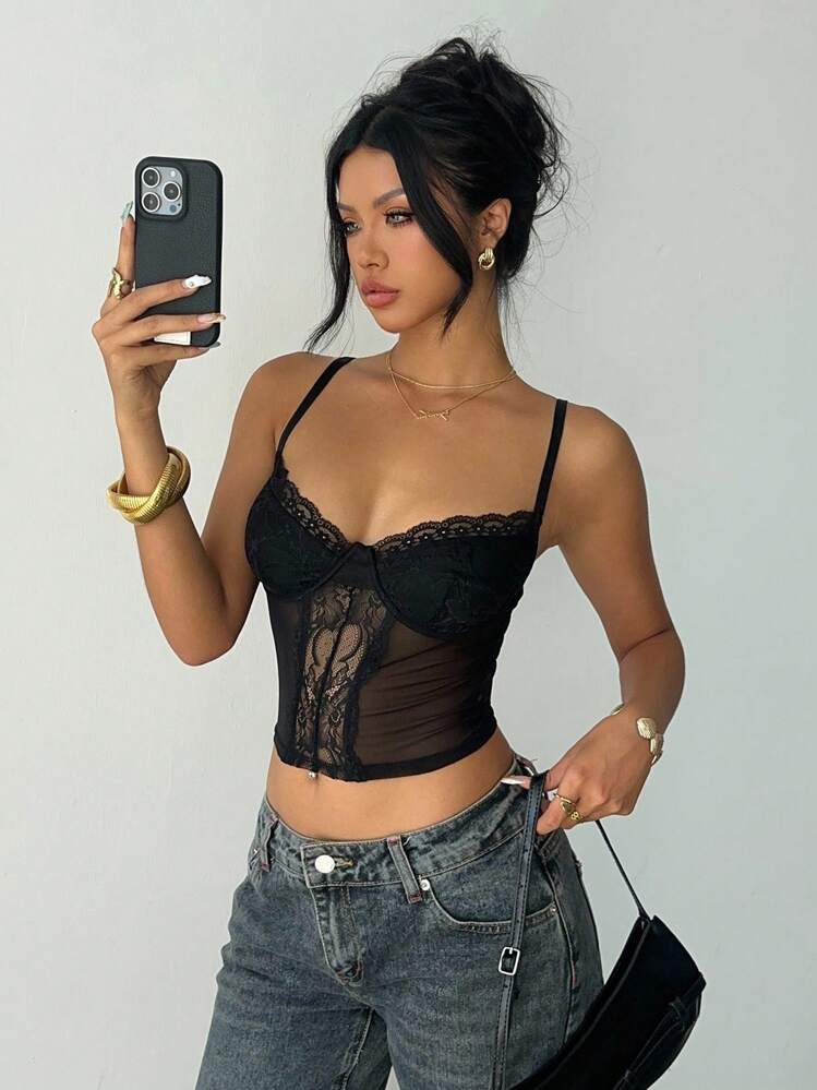 Aloruh 秋夏季吊带背心，适合日常休闲、商务通勤、简约Y2K风格、音乐节演唱会等场合，黑色性感蕾丝吊带背心，女士款 - 黑色 - 查看 7