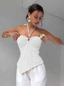 Aloruh Women's Solid Color Halter Neck Ruched Backless Asymmetric Hem Camisole,Halter Top - White - View 4