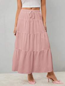 SHEIN Tall Váy Maxi Dài Cho Nữ Lưng Cao Buộc Dây Viền Xếp Nếp Màu Trơn - Hồng - Xem 5