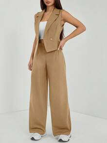 SHEIN PETITE Bộ trang phục thu hai mảnh 2 món/bộ dành cho nữ Áo không tay màu trơn và quần dài - màu nâu - Xem 6