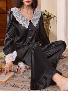 Côtesoire 法式宫廷风女士黑色缎面撞色蕾丝睡衣套装，秋季服装 - 黑色 - 查看 3