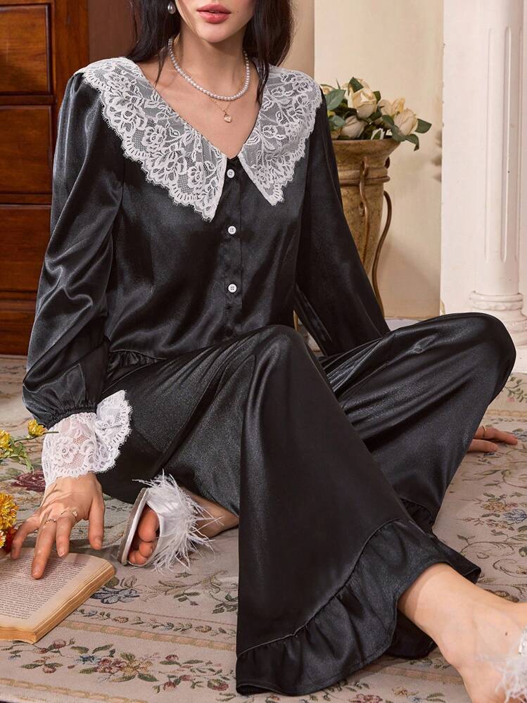 Côtesoire طقم بيجامة نسائي من الساتان الأسود بتباين الدانتيل على الطراز القصري الفرنسي، ملابس خريفية - الأسود - مشاهدة 3