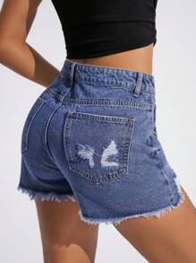 Jeanoix Damen Destroyed Fransensaum Lässige Vielseitige Denim-Shorts, Sommer - Mittele Waschung - Übersicht 2