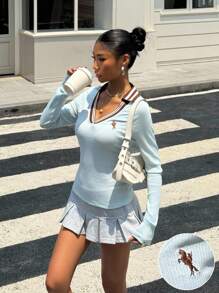 Muchica Áo thun tay dài cổ chữ V kẻ sọc phối màu đơn giản, Xuân/Thu - Màu xanh lam - Xem 4