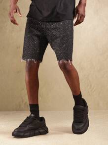SUMWON Sparkle Pattern Frayed Hem Bermuda Distressed Denim Shorts Festival Summer Beach Cotton Casual Street Style Raw Cut Off Shorts