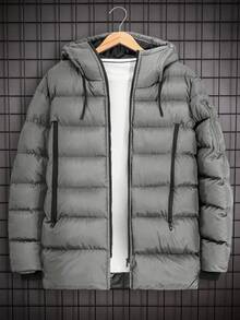 EURMUSE 男式纯色长袖前拉链抽绳连帽休闲冬季夹克 - 灰色 - 查看 2