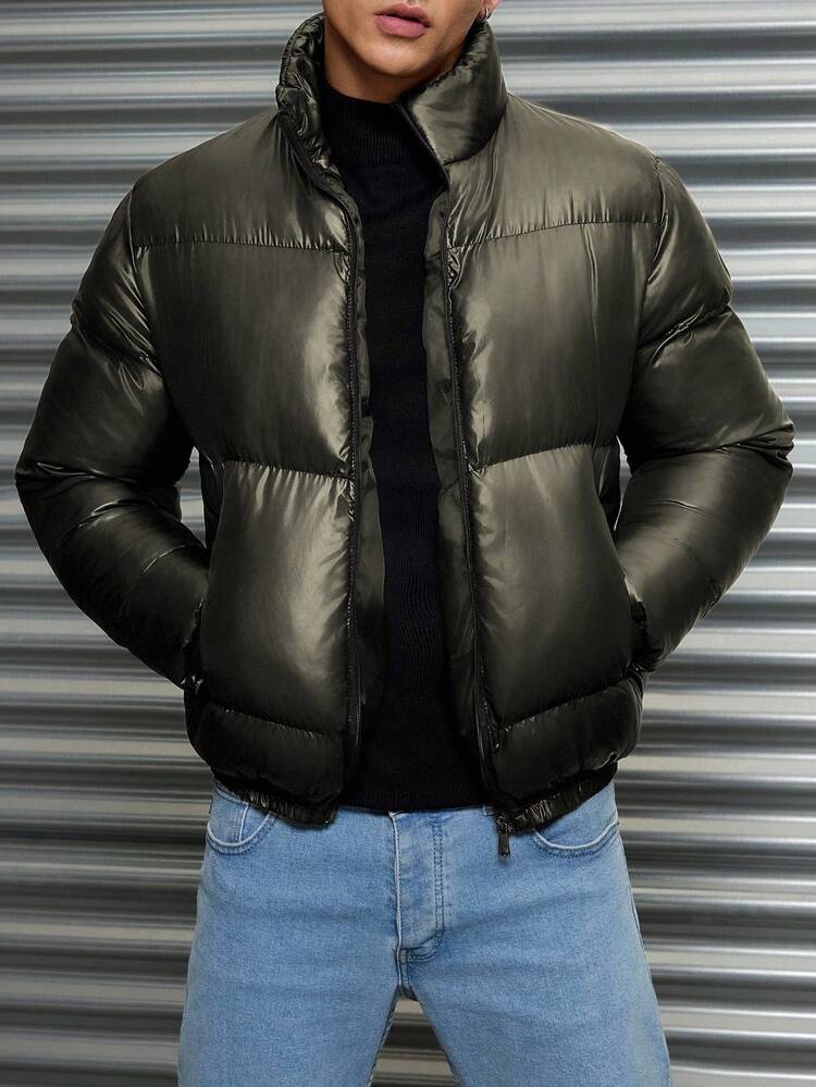 EURMUSE Men's Basic Casual Style Special Stitching Design Slim Fit Padded Coat - Army Green - View 7