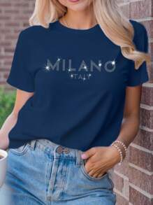 SHEIN LUNE 大码女款米兰意大利标语字母印花T恤短袖休闲上衣图案T恤女式上衣