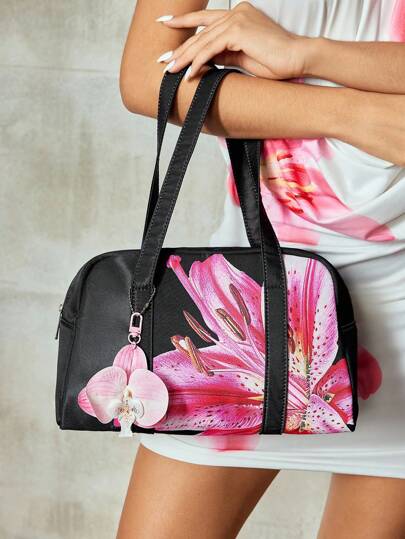 Kawaii Süße Urlaubs-Tote-Tasche mit schwarzem Blumenmuster, vielseitig einsetzbar für Pendeln, Lässig, mit rosa Blumenprint, modische Schultertasche für Frauen, Fitnesstasche