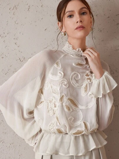 Modelyn 女式宽松优雅衬衫，亮片装饰，插肩袖