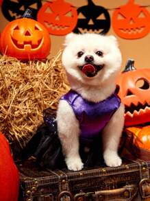 PETSIN 1pc Pet Halloween Purple Sleeveless Velvet Star Foil Print Mesh Tutu Dress With Cute Letter Print For Cats & Dogs - Multicolor - View 2