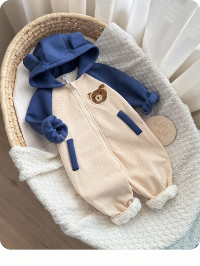 Infants/Toddlers Casual Sports Cute Bear Embroidered Patchwork Fleece Hooded Jumpsuit For Baby Boys/Girls, Suitable For Autumn/Winter Wear