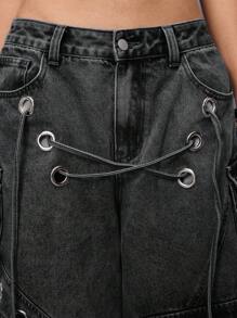 ROMWE Grunge Punk 街头朋克风做旧宽松超低腰女式牛仔七分裤 - 黑色 - 查看 7