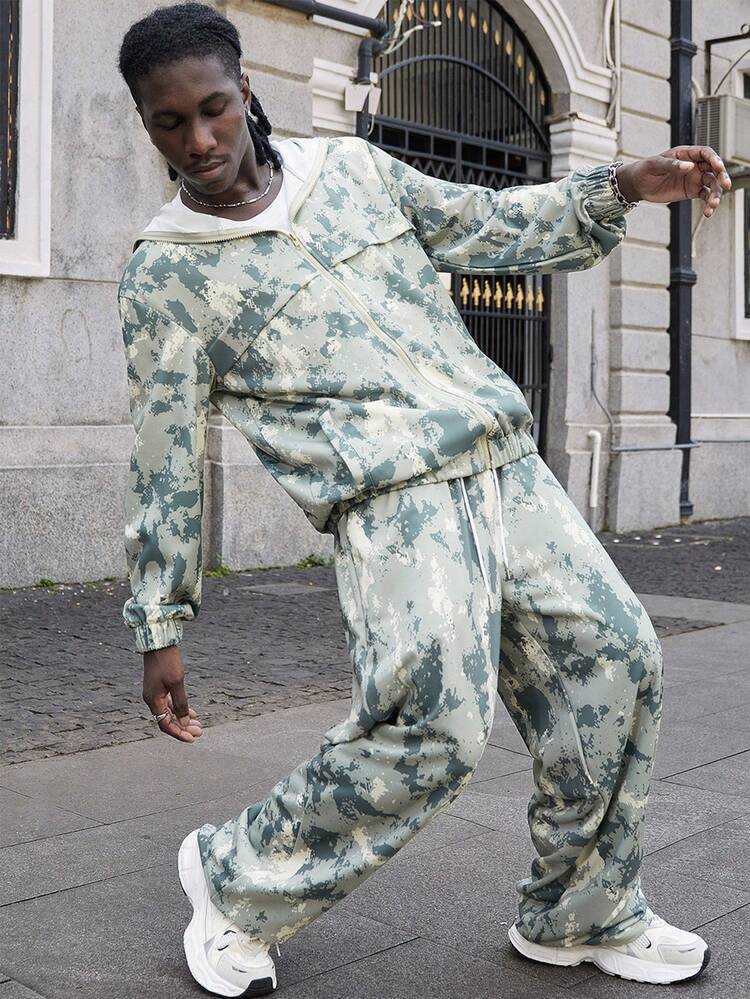 PAVTROS 1 套男士连帽运动服，连帽运动衫和抽绳腰裤，迷彩图案，防风保暖，休闲日常/通勤/学校服装，送给男朋友/丈夫的礼物 男士迷彩两件套 男士迷彩运动服 迷彩拉链连帽衫 男士套装 男士街头风格套装 - 軍綠色 - 查看 5