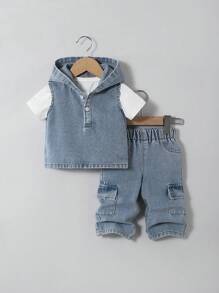 SHEIN 2 件套男童街头风格破洞印花连帽背心（带口袋）和牛仔裤套装