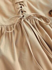 SHEIN MOD 大码女式米色束腰泡泡袖无袖风衣 - 卡其色 - 查看 3