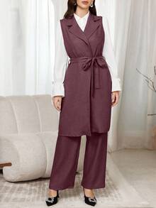 Modelyn 3 件套女士纯色前扣简约长袖衬衫、前领带无袖夹克和长裤休闲西装套装 2 件套 - 中紫紅色 - 查看 5
