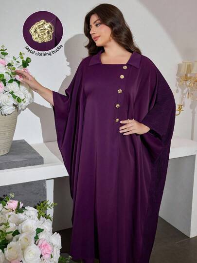 Al Najma 大码女式翻领肩带铆钉金属扣土耳其风格连衣裙