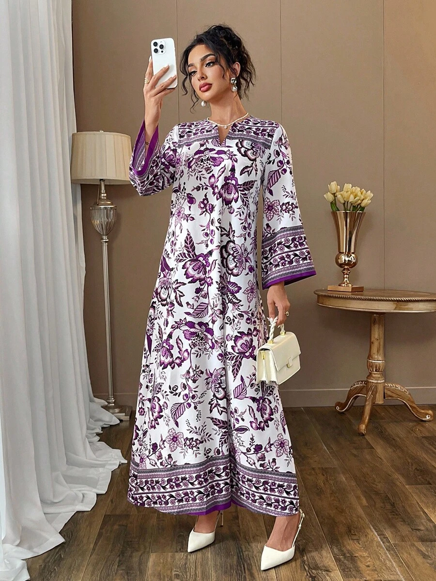Yasmyna 复古风格印花优雅长袖连衣裙 - 彩色 - 查看 1