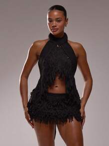 MUSERA 流苏针织上衣，夏季伊比沙岛风情，假日度假性感节日狂欢圣诞派对时尚单品 - 黑色 - 查看 1