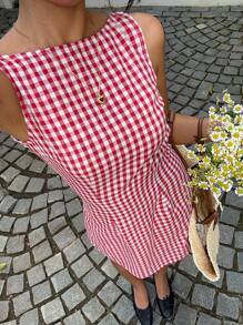 MainGRL Women's Cotton Casual Gingham Backless Sleeveless  Round Neck Mini Dress For Vacation, Red & White,Going Out, Outfits ,Country Concert Outfit - Red and White - View 3