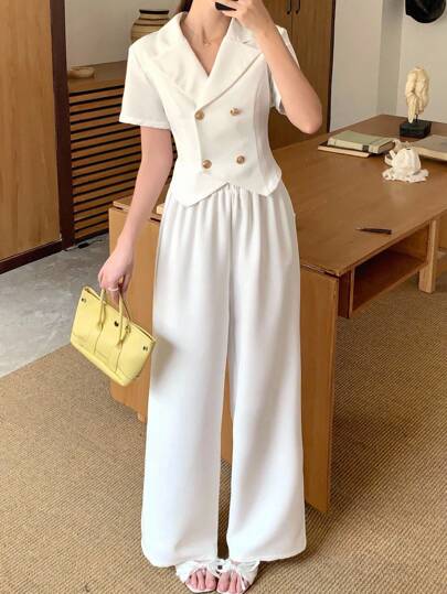 SHEIN White Short-Sleeve Lapel Co-Ords With Double Button Detail For Everyday Casual Style White Pants Set Teen Outfit Wide Leg Jumpsuit White Two Piece Pantsuit