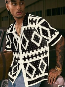 AXEPEAK 男士几何图案镂空短袖单排扣针织上衣