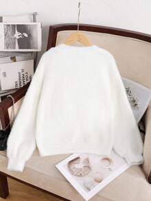 SHEIN Tween Girl Casual Cute Round Neck Faux Fur Collar Loose Fit Bow Knit Sweater TopAutumn Clothing Fall Winter - White - View 3