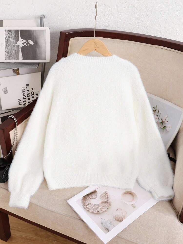 SHEIN 青少年女孩休闲可爱圆领仿毛领宽松蝴蝶结针织毛衣上衣 - 白色 - 查看 3