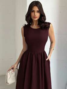 Firerie Women's Blue Waist Cinched A-Line Maxi Dress, Suitable For Valentine's Day, Concerts, Performances, Dates, Parties, Weddings, Sexy, Elegant, Work, Back To School, Vacation, Beach, Romantic,Wedding Guest Dress,Elegant Dresses For Women - Maroon - View 6