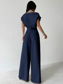 Firerie 夏季新款女士优雅休闲通勤白色落肩上衣和阔腿裤套装 - 藏蓝色 - 查看 2