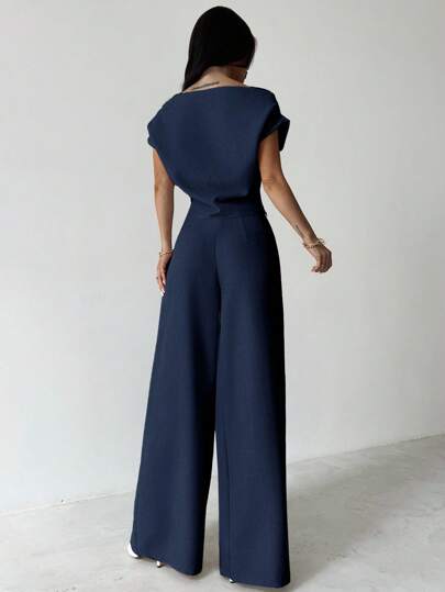 Firerie Nouveau costume d'été pour femmes, élégant et décontracté, avec blouse à épaules tombantes blanche et pantalon large